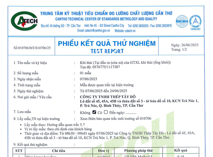 Phiếu kết quả thử nghiệm Trung tâm kỹ thuật tiêu chuẩn đo lường Thành phố Cần Thơ