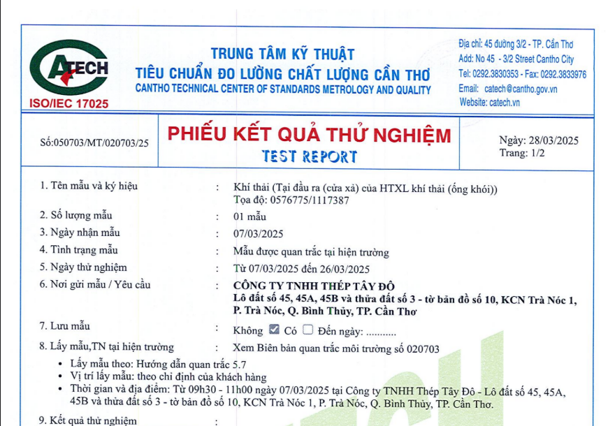 Phiếu kết quả thử nghiệm Trung tâm kỹ thuật tiêu chuẩn đo lường Thành phố Cần Thơ