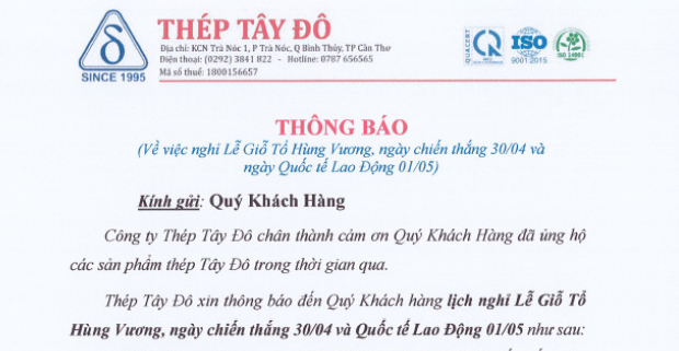 Thông báo V/v nghĩ lễ Giỗ Tổ Hùng Vương - Ngày chiến thắng 30/04 và ngày Quốc Tế Lao Động 01/05